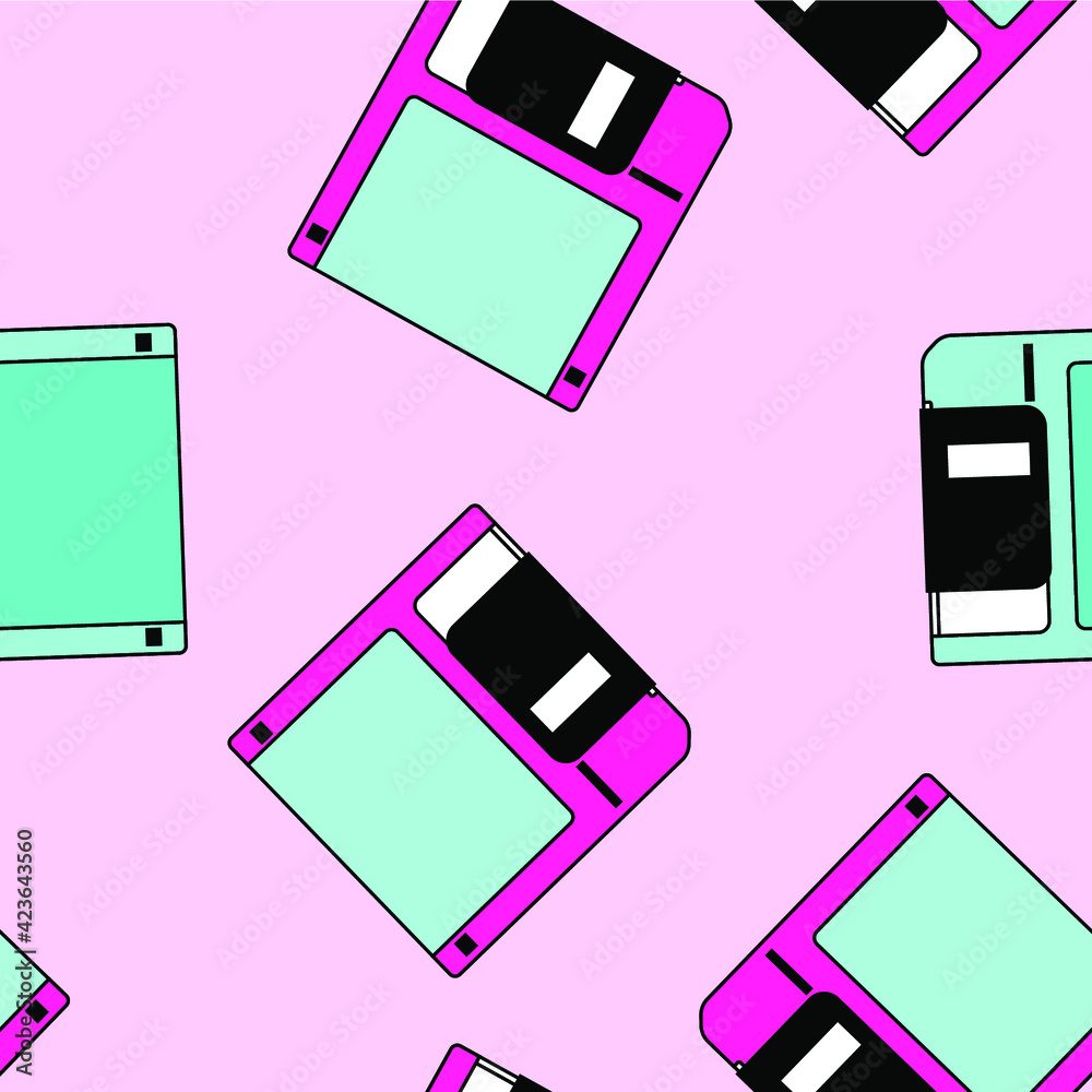 Aufkleber Seamless pattern with colorful floppy disk  in vaporwave 90's retro style. Vector illustration for textile fabric print.