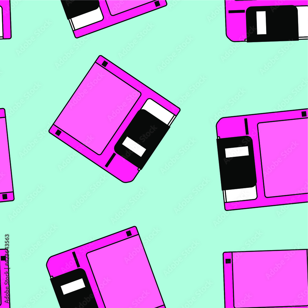 Poster Seamless pattern with colorful floppy disk  in vaporwave 90's retro style. Vector illustration for textile fabric print.