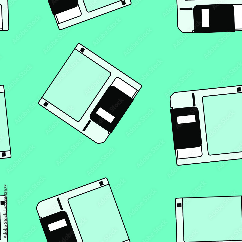 Poster Seamless pattern with colorful floppy disk  in vaporwave 90's retro style. Vector illustration for textile fabric print.