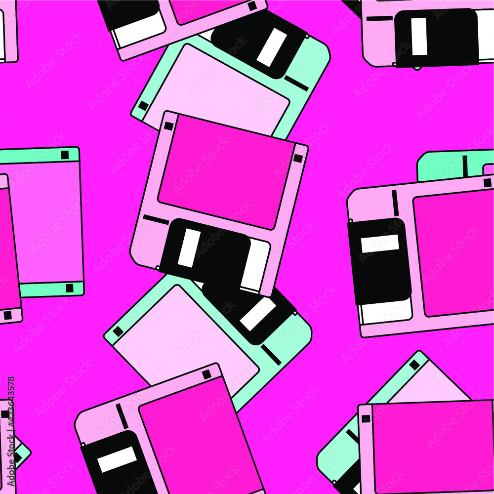 Poster Seamless pattern with colorful floppy disk  in vaporwave 90's retro style. Vector illustration for textile fabric print.
