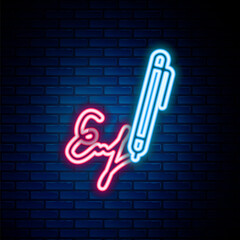 Glowing neon line Signature line icon isolated on brick wall background. Pen and undersign, underwrite, ratify symbol. Colorful outline concept. Vector