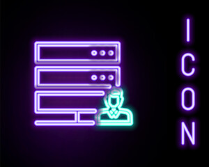 Glowing neon line Customer care server icon isolated on black background. Tech support concept with male operator. Call center sign. Colorful outline concept. Vector