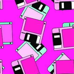 Seamless pattern with colorful floppy disk  in vaporwave 90's retro style. Vector illustration for textile fabric print.