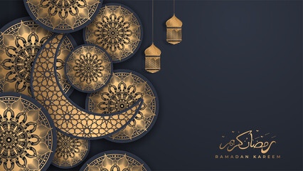 Ramadan Kareem design in luxury style. Golden mandalas on dark background for Ramadan Mubarak
