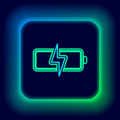 Glowing neon line Battery icon isolated on black background. Lightning bolt symbol. Colorful outline concept. Vector