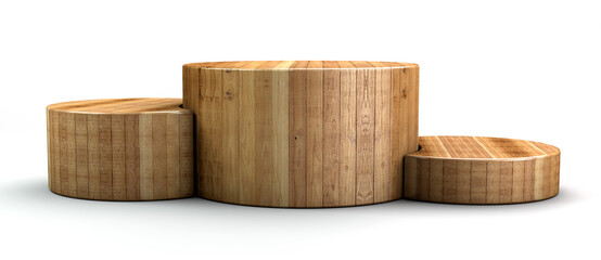 Wooden podium in cylinder shape for winner and product display. 3d illustration.