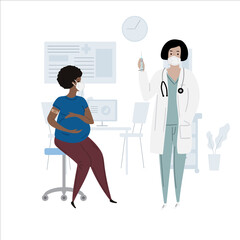 Vector hand drawn illustration. Vaccination immunity cartoon pregnant african american or latino woman and white caucasian doctor.