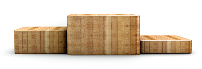 Wooden podium in square shape for winner and product display. 3d illustration.	