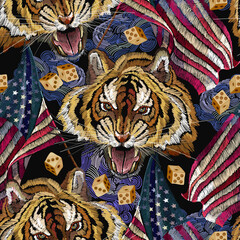 Embroidery tiger head, rippled American flag and dice. Game art. Seamless pattern. Template for clothes, t-shirt design. Street culture style. Bikers lifestyle background