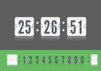 Vector modern ui design old countdown timer with numbers. Coming soon web page design template of flip time counter with reflection on dark background. White scoreboard number font.