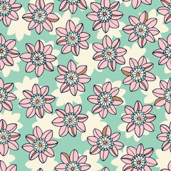 Colorful Mid Scale Hand-Drawn Floral Vector Seamless Pattern. Retro 70s Style Nostalgic Fashion Textile Bold Background. Summer Resort Print. Ditsy Daisies. Flower Power