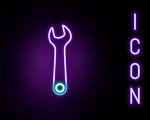 Glowing neon line Wrench icon isolated on black background. Spanner repair tool. Service tool symbol. Colorful outline concept. Vector