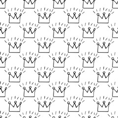 crown seamless pattern. hand drawn doodle. vector, minimalism, monochrome, sketch. wallpaper, textiles, wrapping paper, room decor, background for kids. princess, king, queen, cute, naive, childish