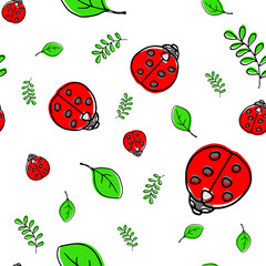 Ladybug ladybird leaf seamless vector pattern