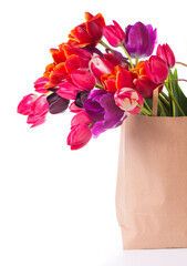 colorful tulips in a paper bag on a white background.