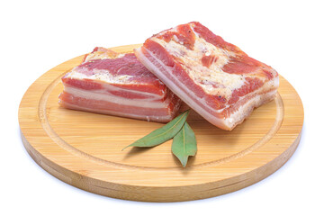 delicious homemade raw-smoked, cured bacon, lard, isolated on a white background.