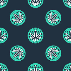 Line Legalize marijuana or cannabis globe symbol icon isolated seamless pattern on black background. Hemp symbol. Vector