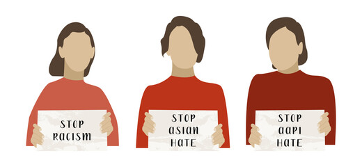 Stop asian hate. I am not a virus. Females holding banners. Activists with placards for demonstration, protest. Social issue, stop racism. Vector flat cartoon illustration