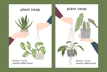 Plant swap, indoor plants exchange. Flyer for swap party. Houseplants market. Hands holding potted flowers. Ecological lifestyle. Vector flat cartoon illustration - obrazy, fototapety, plakaty