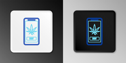 Line Mobile phone and medical marijuana or cannabis leaf icon isolated on grey background. Online buying symbol. Supermarket basket. Colorful outline concept. Vector