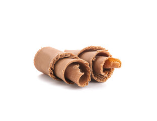 Delicious chocolate curls on white background