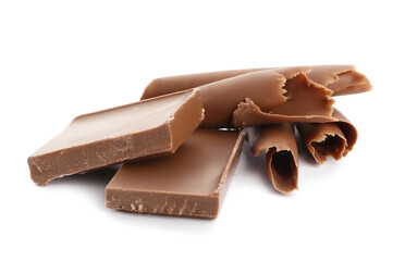 Delicious chocolate curls on white background