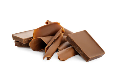 Delicious chocolate curls on white background