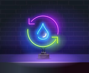 Recycle water blue glowing neon ui ux icon. Vector neon sign Eco Energy. Earth Day neon sign, bright signboard, light banner. Glowing sign logo vector