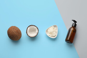 Composition with coconut oil on color background
