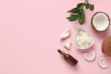 Composition with coconut oil on color background