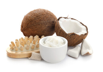 Composition with coconut oil on white background