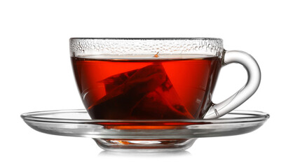 Cup of hot aromatic black tea on white background