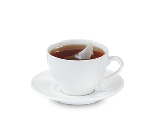 Cup of hot aromatic black tea on white background