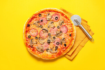 Tasty pizza on color background