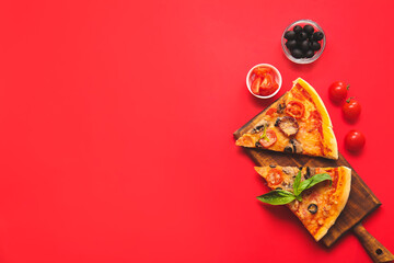 Composition with tasty pizza on color background