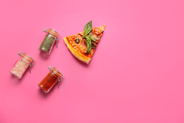 Composition with tasty pizza on color background