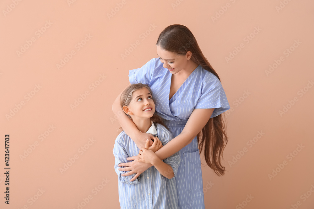 Sticker happy woman and her little daughter on color background