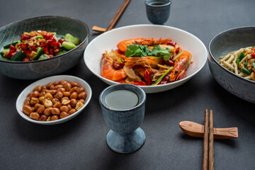 Spicy Shrimp and Cucumber with Rice Wine and Home-cooked Side Dishes