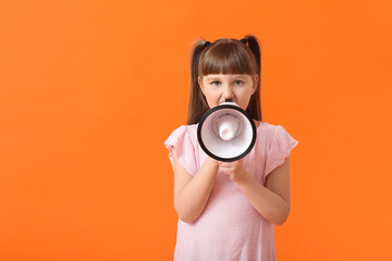 Little girl with megaphone on color background