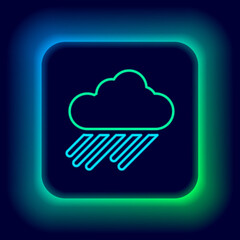 Glowing neon line Cloud with rain icon isolated on black background. Rain cloud precipitation with rain drops. Colorful outline concept. Vector