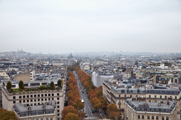 Panoramic view of Paris from Arc de Triomphe, center of Paris.