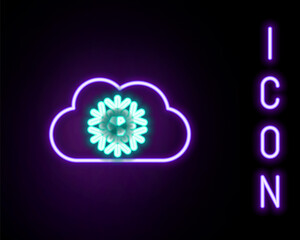 Glowing neon line Cloud with snow icon isolated on black background. Cloud with snowflakes. Single weather icon. Snowing sign. Colorful outline concept. Vector