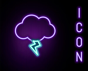 Glowing neon line Storm icon isolated on black background. Cloud and lightning sign. Weather icon of storm. Colorful outline concept. Vector