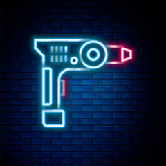 Glowing neon line Electric drill machine icon isolated on brick wall background. Repair tool. Colorful outline concept. Vector