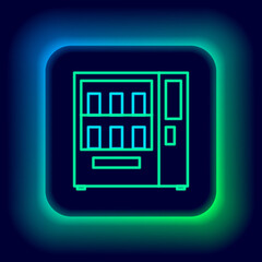 Glowing neon line Vending machine of food and beverage automatic selling icon isolated on black background. Colorful outline concept. Vector