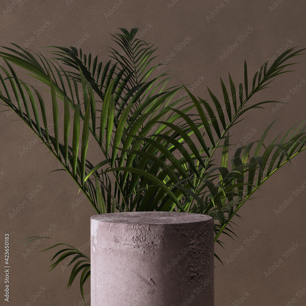 Poster stone cylinder podium and tropical leaves, abstract cosmetic product display background, object plac