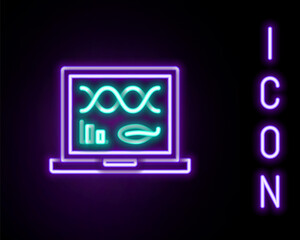Glowing neon line Genetic engineering modification on laptop icon isolated on black background. DNA analysis, genetics testing, cloning. Colorful outline concept. Vector