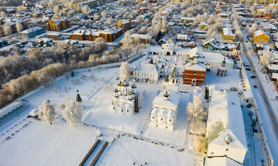 Fototapeta na wymiar Top view of the Spaso-Preobrazhensky monastery and residential quarters in winter in the city of Murom.....