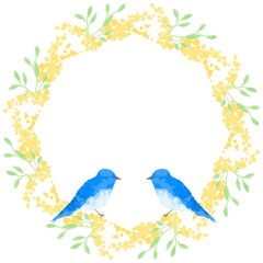 優しいタッチの幸せを運ぶ青い鳥とミモザリースイラスト