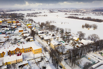 Typical rural development near Moscow in winter. View from above. City of Bronnitsy. Russia